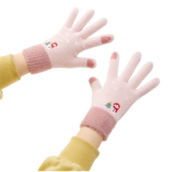 Kvinnors vintertelefonhandskar med en snögubbe och en julgran - rosa