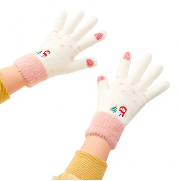 Kvinnors vintertelefonhandskar med en snögubbe och en julgran - vit och rosa