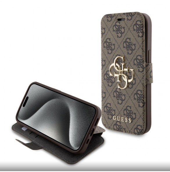 Iphone 15 Guess - Pu Läder 4g Foliofodral Big Metal Logo - Brunt
