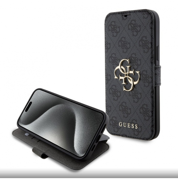 Iphone 15 Plus Guess - Pu Läder 4g Folio Fodral Big Metal Logo - Grå