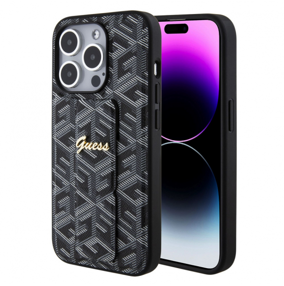 Iphone 15 Pro Max Guess - Grip Ställfodral Pu Gcube Metal Script Logo - Svart