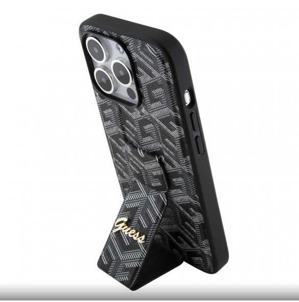 Iphone 15 Pro Guess - Grip Ställfodral Pu Gcube Metal Script Logo - Svart