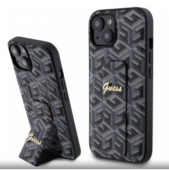 Iphone 15 Guess - Grip Ställfodral Pu Gcube Metal Script Logo - Svart