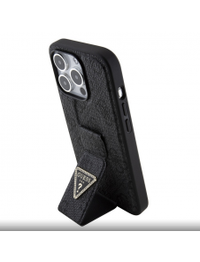Iphone 15 Pro Max Guess - Grip Ställfodral Pu 4g Metall Triangle Strass Logo - Svart