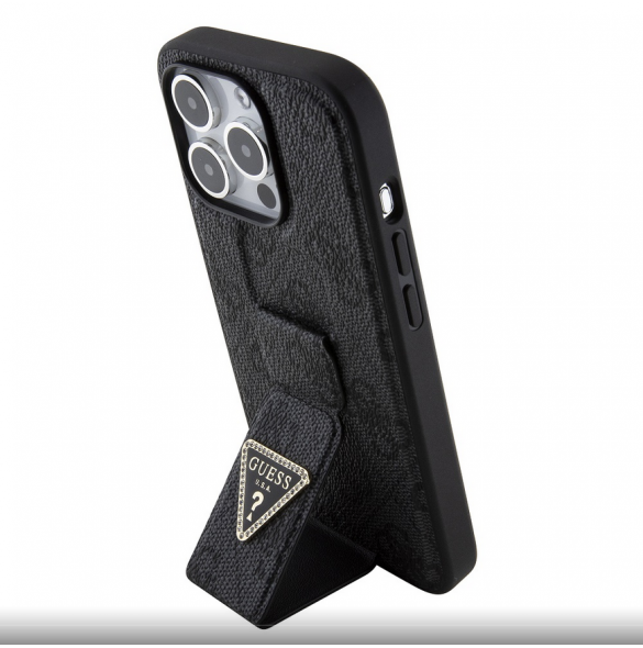Iphone 15 Pro Max Guess - Grip Ställfodral Pu 4g Metall Triangle Strass Logo - Svart