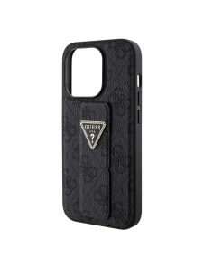 Iphone 15 Pro Max Guess - Grip Ställfodral Pu 4g Metall Triangle Strass Logo - Svart
