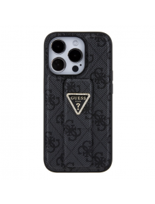 Iphone 15 Pro Max Guess - Grip Ställfodral Pu 4g Metall Triangle Strass Logo - Svart