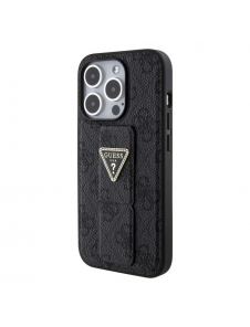 Iphone 15 Pro Max Guess - Grip Ställfodral Pu 4g Metall Triangle Strass Logo - Svart