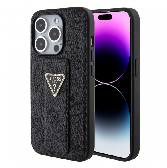 Iphone 15 Pro Guess - Grip Ställfodral Pu 4g Metal Triangle Strass Logo - Svart
