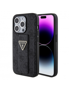 Iphone 15 Pro Guess - Grip Ställfodral Pu 4g Metal Triangle Strass Logo - Svart