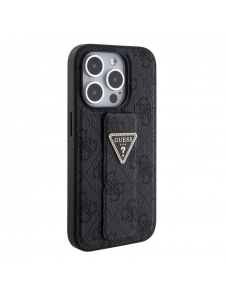 Iphone 15 Pro Guess - Grip Ställfodral Pu 4g Metal Triangle Strass Logo - Svart