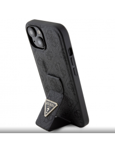 Iphone 15 Guess - Grip Ställfodral Pu 4g Metall Triangle Strass Logo - Svart