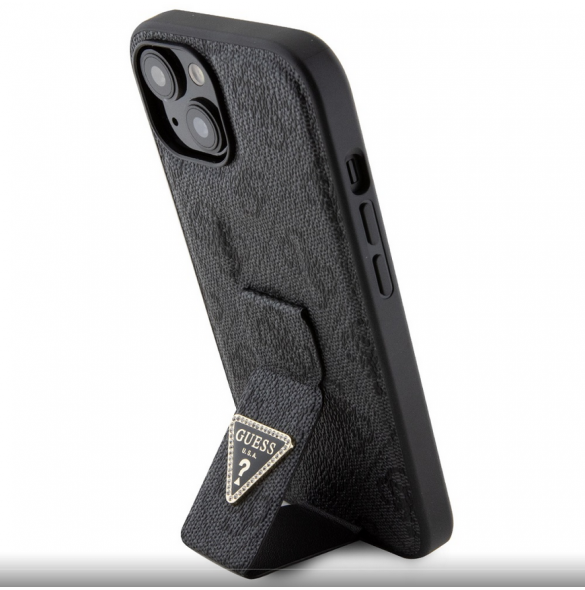 Iphone 15 Guess - Grip Ställfodral Pu 4g Metall Triangle Strass Logo - Svart