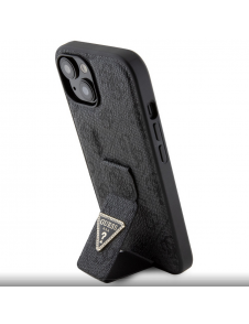 Iphone 15 Guess - Grip Ställfodral Pu 4g Metall Triangle Strass Logo - Svart