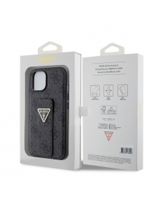 Iphone 15 Guess - Grip Ställfodral Pu 4g Metall Triangle Strass Logo - Svart