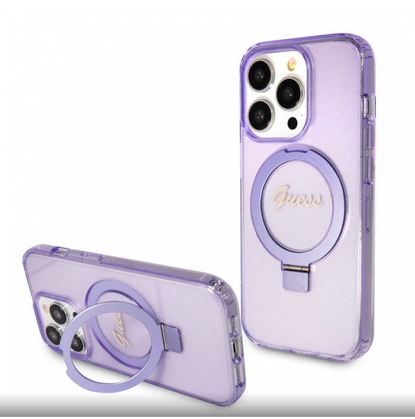Iphone 15 Pro Guess - Iml Ringställfunktion Magsafe-fodral Med Glitter - Lila