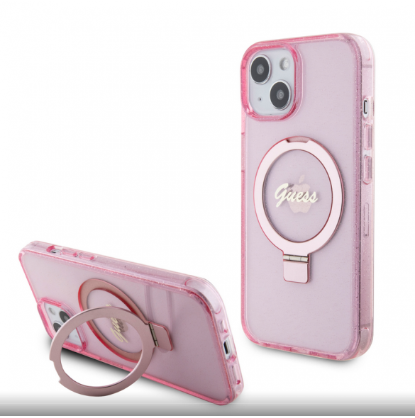 Iphone 15 Guess - Iml Ringställfunktion Magsafe-fodral Med Glitter - Rosa