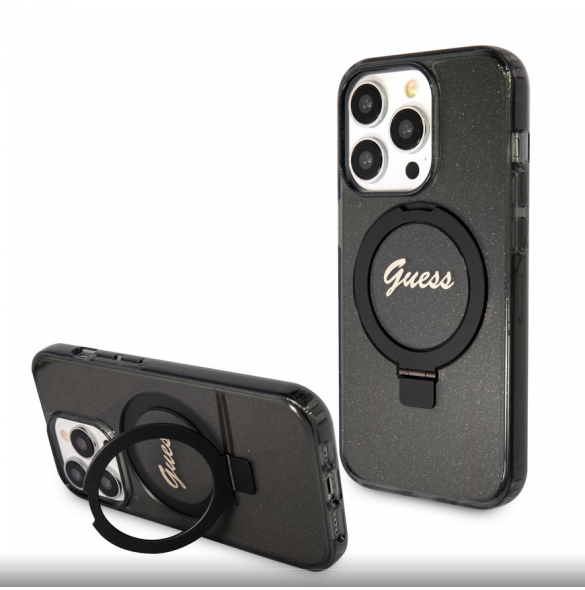 Iphone 15 Pro Max Guess - Iml Ringställfunktion Magsafe-fodral Med Glitter - Svart