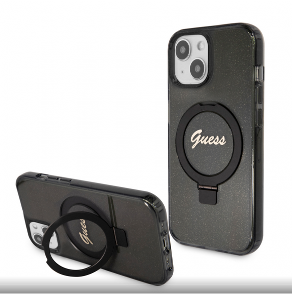 Iphone 15 Guess - Iml Ringställfunktion Magsafe-fodral Med Glitter - Svart