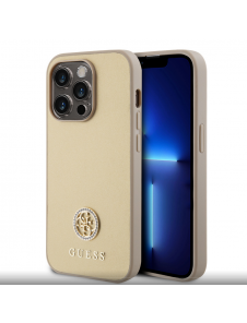 Iphone 15 Pro Max Guess Pu Läder 4g Rund Metalllogo Med Strass - Guld