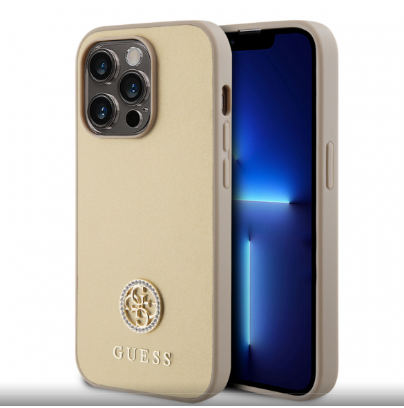 Iphone 15 Pro Max Guess Pu Läder 4g Rund Metalllogo Med Strass - Guld