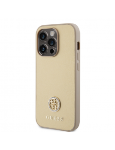 Iphone 15 Pro Max Guess Pu Läder 4g Rund Metalllogo Med Strass - Guld