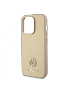 Iphone 15 Pro Max Guess Pu Läder 4g Rund Metalllogo Med Strass - Guld
