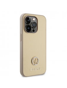 Iphone 15 Pro Max Guess Pu Läder 4g Rund Metalllogo Med Strass - Guld