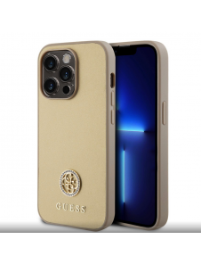 Iphone 15 Pro Guess Pu Läder 4g Rund Metalllogo Med Strass - Guld