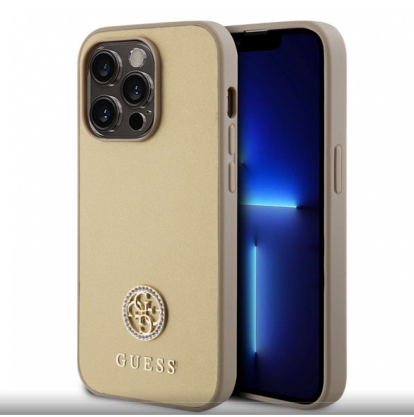 Iphone 15 Pro Guess Pu Läder 4g Rund Metalllogo Med Strass - Guld