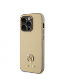 Iphone 15 Pro Guess Pu Läder 4g Rund Metalllogo Med Strass - Guld
