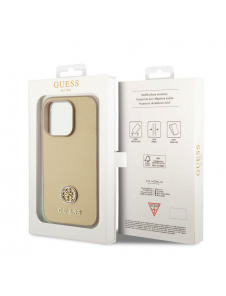 Iphone 15 Pro Guess Pu Läder 4g Rund Metalllogo Med Strass - Guld