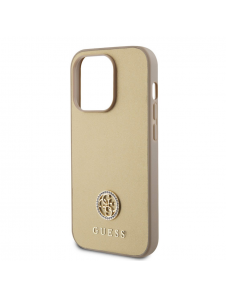 Iphone 15 Pro Guess Pu Läder 4g Rund Metalllogo Med Strass - Guld