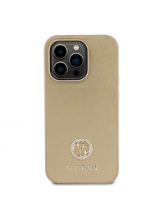 Iphone 15 Pro Guess Pu Läder 4g Rund Metalllogo Med Strass - Guld