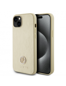 Iphone 15 Guess Pu Läder 4g Rund Metalllogo Med Strass - Guld