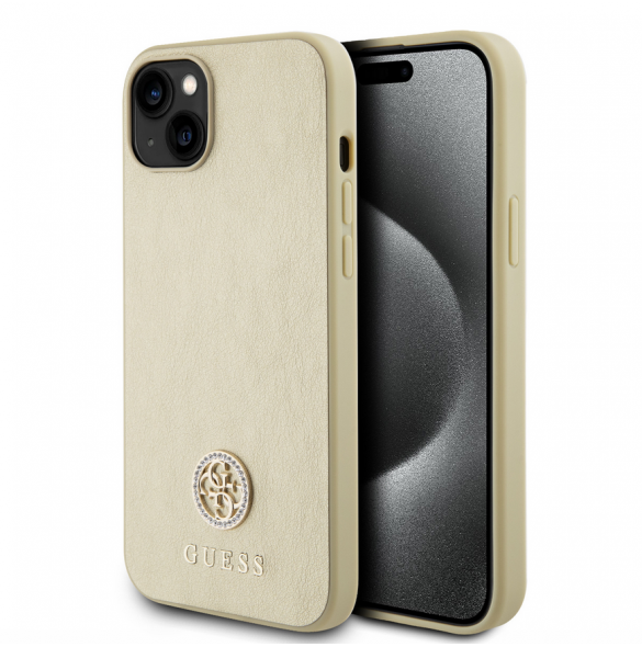 Iphone 15 Guess Pu Läder 4g Rund Metalllogo Med Strass - Guld