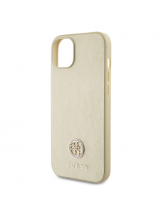 Iphone 15 Guess Pu Läder 4g Rund Metalllogo Med Strass - Guld