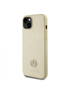 Iphone 15 Guess Pu Läder 4g Rund Metalllogo Med Strass - Guld