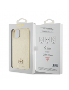 Iphone 15 Guess Pu Läder 4g Rund Metalllogo Med Strass - Guld