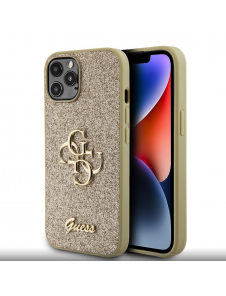 Iphone 12 / 12 Pro Guess - Pu-fodral Fast Glitter Med Stor 4g Metalllogo - Guld