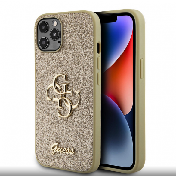 Iphone 12 / 12 Pro Guess - Pu-fodral Fast Glitter Med Stor 4g Metalllogo - Guld