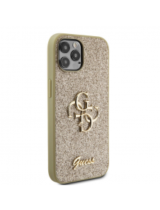 Iphone 12 / 12 Pro Guess - Pu-fodral Fast Glitter Med Stor 4g Metalllogo - Guld
