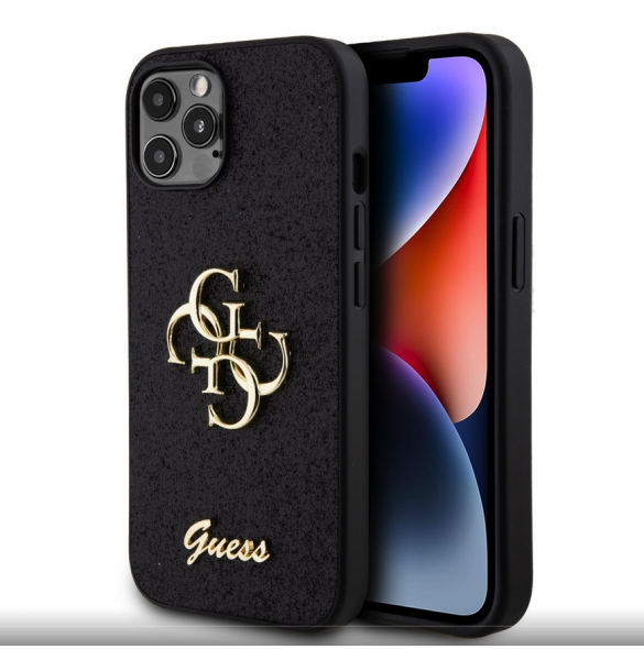Iphone 12 / 12 Pro-guess - Pu-fodral Fast Glitter Med Stor 4g Metalllogo - Svart