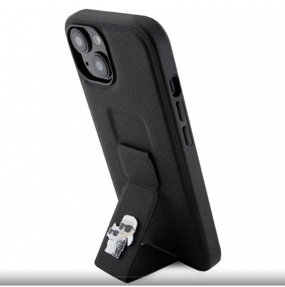 Iphone 15 Karl Lagerfeld - Gripställ Fodral Saffiano Med Metalllogo Karl Och Choupette - Svart