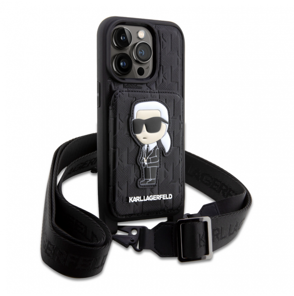 Karl Lagerfeld Saffiano Monogram Crossbody Ikonik NFT-fodral för iPhone 14 Pro Svart