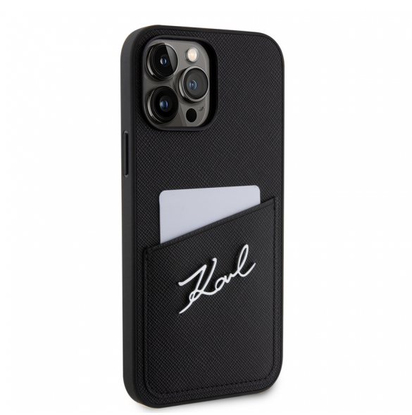 Karl Lagerfeld Saffiano Card Slot Metal Signature Case för iPhone 14 Pro Max Svart