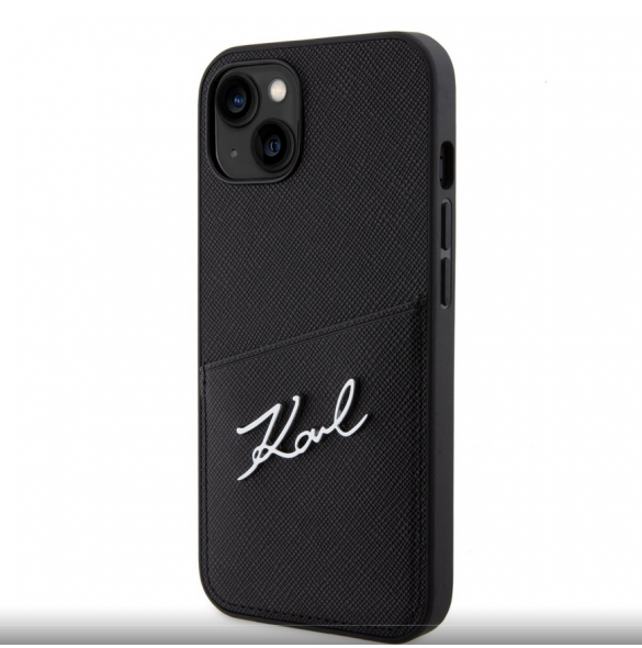 Karl Lagerfeld Saffiano Card Slot Metal Signaturfodral för iPhone 14 Svart