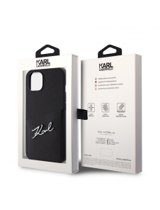 Karl Lagerfeld Saffiano Card Slot Metal Signaturfodral för iPhone 14 Svart