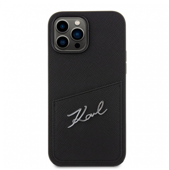 Karl Lagerfeld Saffiano Card Slot Metal Signature Case för iPhone 13 Pro Max Svart