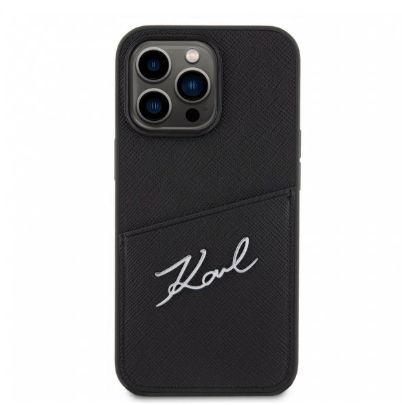 Karl Lagerfeld Saffiano Card Slot Metal Signature Case för iPhone 13 Pro Svart
